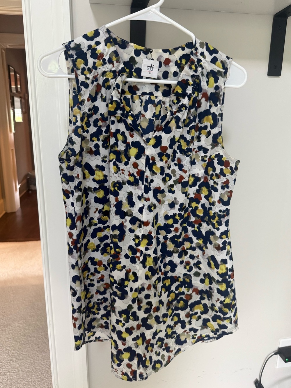 CAbi Sleeveless V-Neck Camisole in White with Navy, Olive & Rust Spots